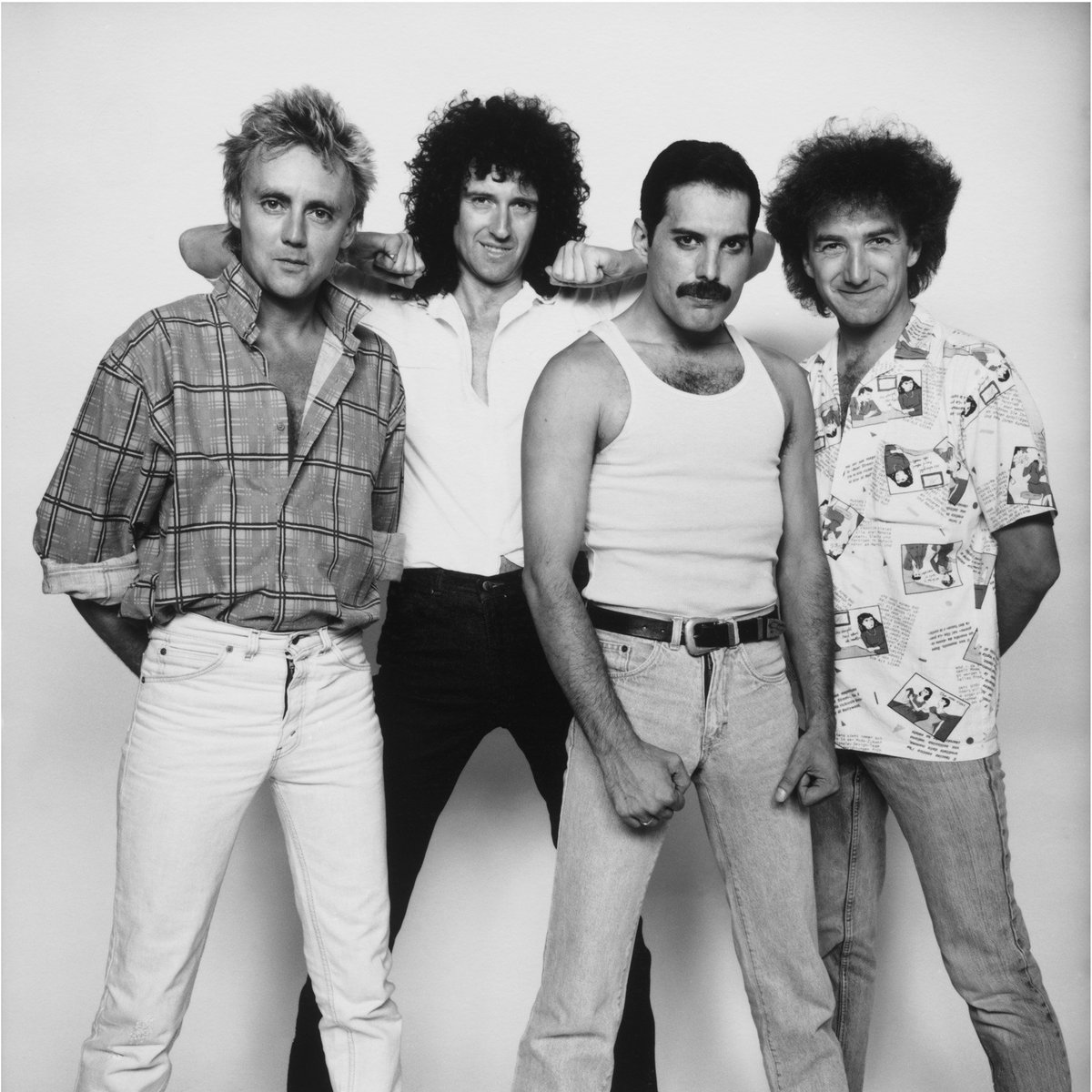 Queen photographed by David Bailey backstage at Live Aid, Wembley Stadium, London