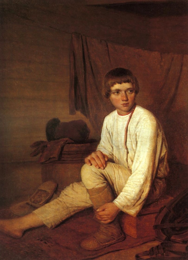 Алексей Венецианов «Крестьянский мальчик, надевающий лапти» (1820)