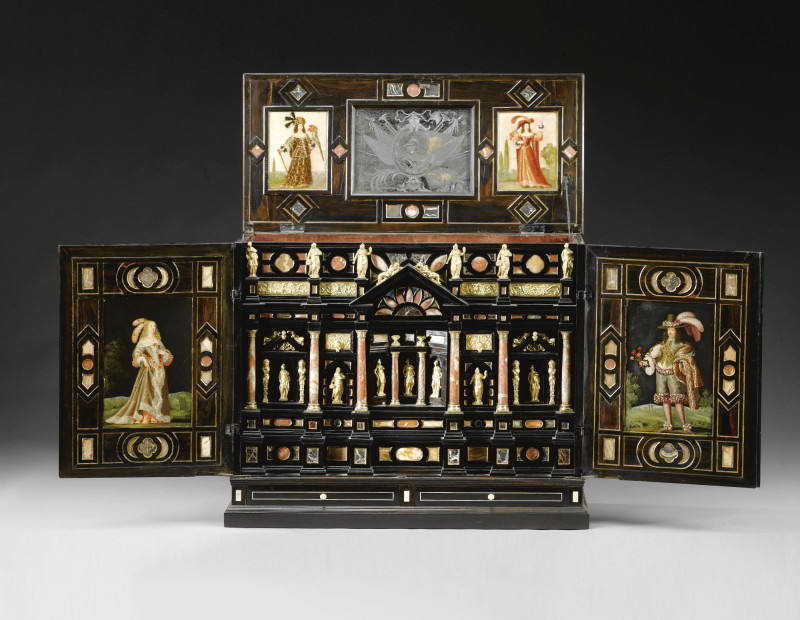 An Italian gilt-bronze-pietre dure and marble-mounted ivory inlaid rosewood and parquetry table cabinet mid 17th century and later. (Sotheby's)