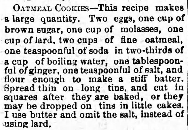 Рецепт викторианского овсяного печенья (с коричневым сахаром, патокой и имбирем). Опубликован в Jamestown Weekly Alert, Джеймстаун, Северная Дакота, 15 февраля 1884 года