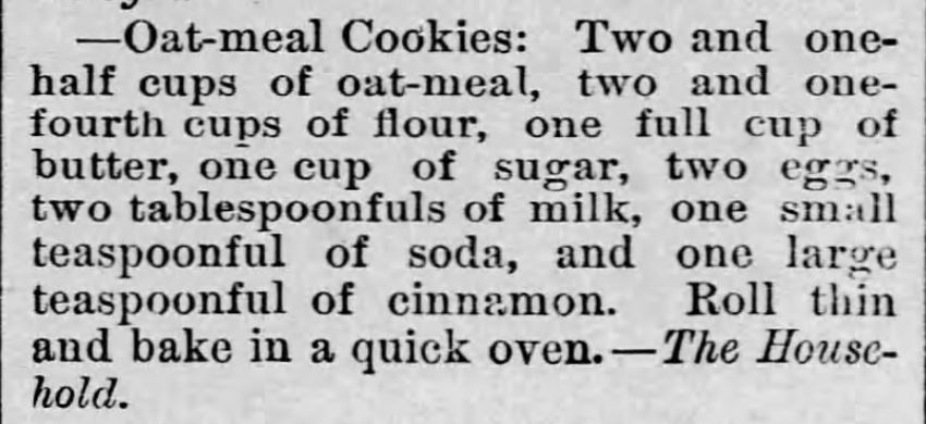 Рецепт овсяного печенья с корицей. Опубликован в LeRoy Reporter, Лерой, Канзас, 26 июня 1886 года