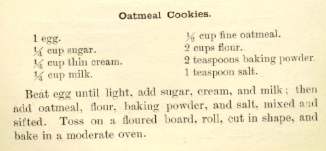 Рецепт овсяного печенья из «Поваренной книги Бостонской кулинарной школы» Фанни Фармер, 1896 .